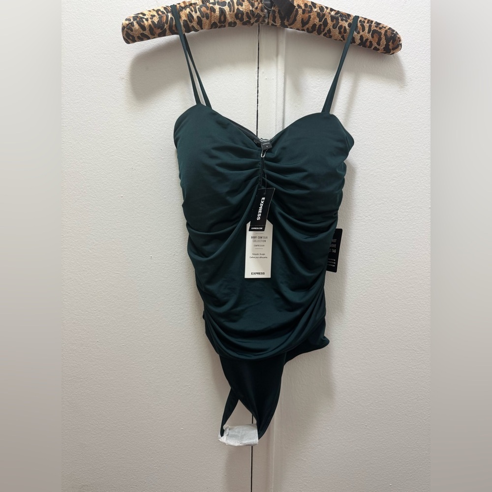 NEW Express Dark Green Ruched Body Contour Bodysuit Small